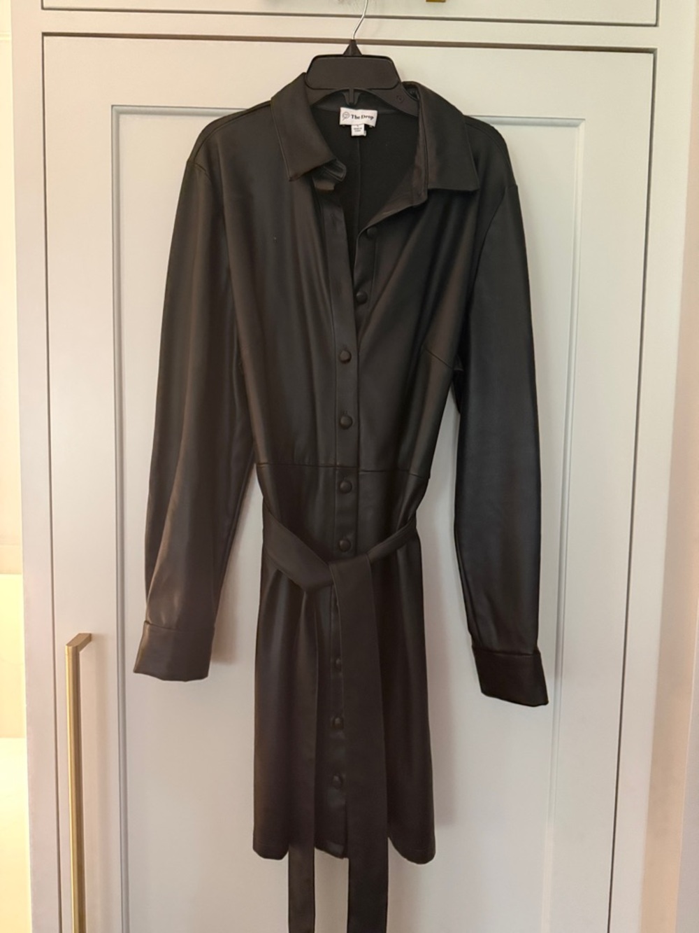 The Perfext Black Faux-Leather Long-Sleeve Shirt Dress with Tie Belt